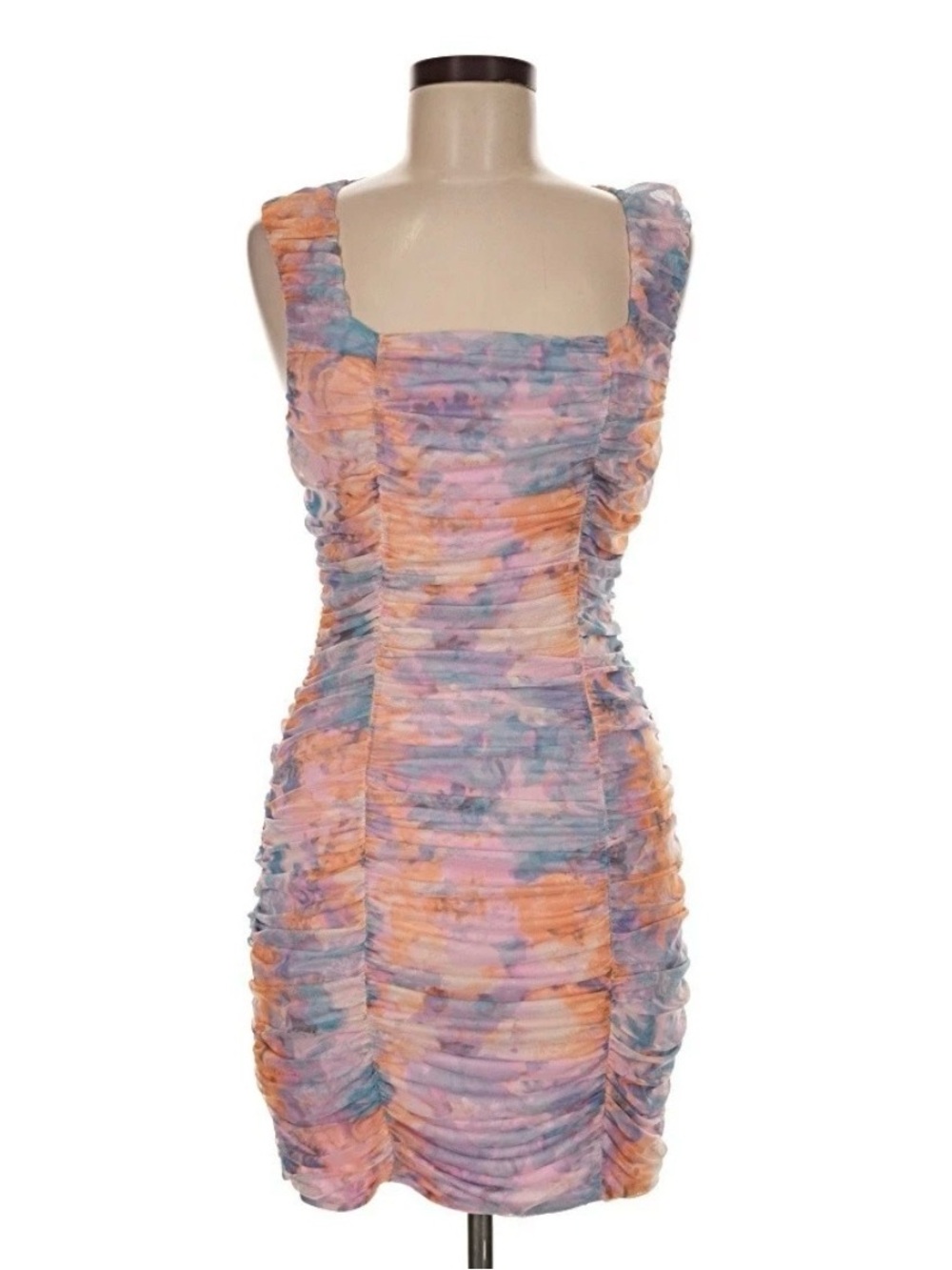 BCBG Generation Ruched Bodycon Mini Dress Pastel Watercolor Tie Dye pink Medium